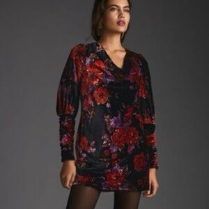 Anthropologie Maeve Cowl-Neck Velvet Dress Mini Floral Black Motif Size Small